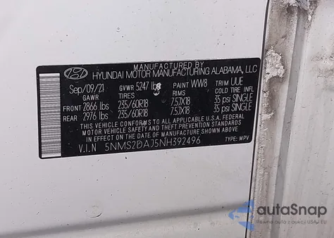 2022 Hyundai Santa Fe Sel from USA, damaged, VIN 5NMS2DAJ5NH392496